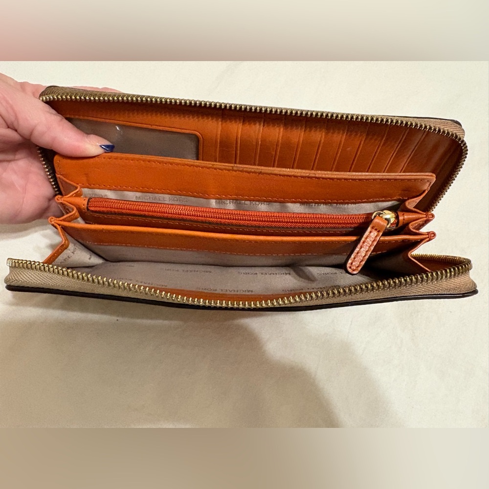 Michael Kors Brown and Tan with Leather Accent Monogram Wristlet Wallet - Picture 5 of 6
